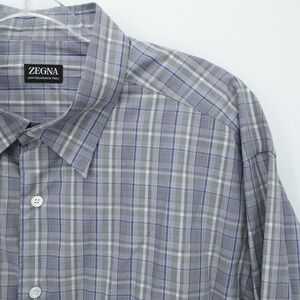 Zegna Shirt Mens 3XL Gray Blue Plaid Centoquaranta Twill Luxury Preppy Office